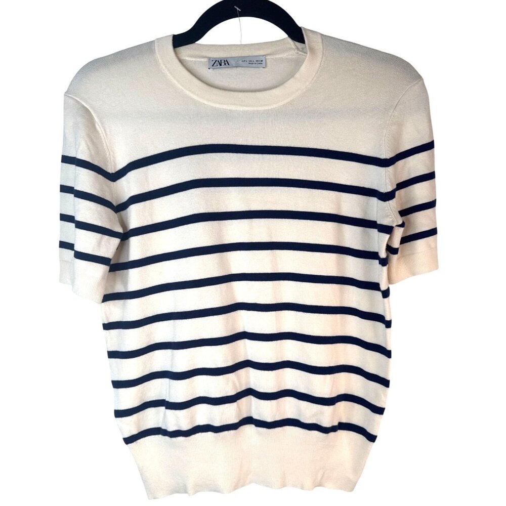 Zara Cream & Navy Striped Short-Sleeve Crew Sweater